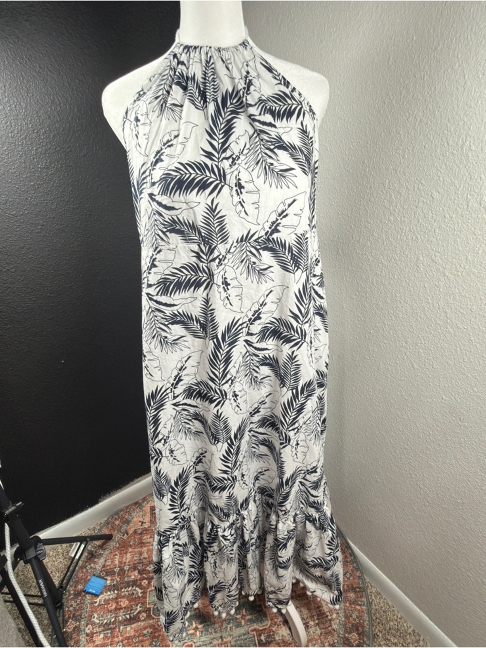 Tropical Halter Maxi Dress in White with Black Leaf Print